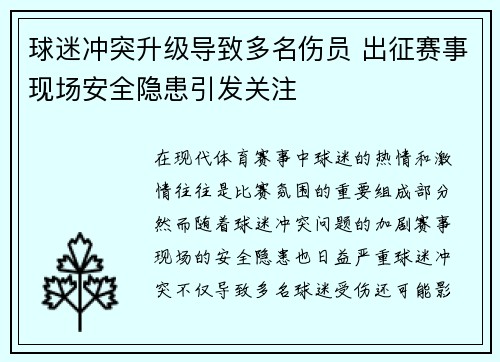 球迷冲突升级导致多名伤员 出征赛事现场安全隐患引发关注