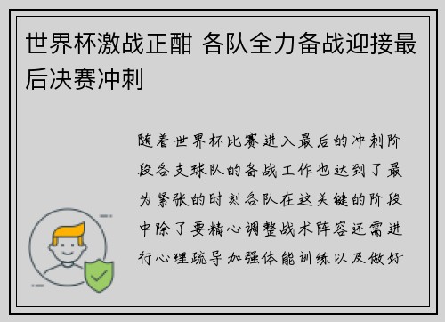 世界杯激战正酣 各队全力备战迎接最后决赛冲刺