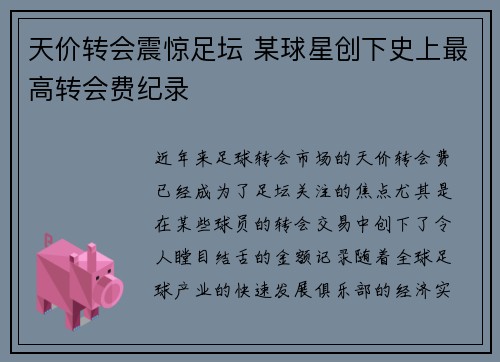 天价转会震惊足坛 某球星创下史上最高转会费纪录