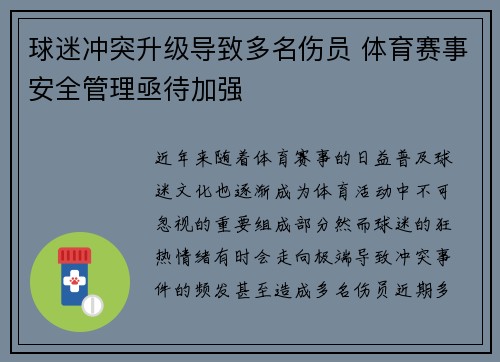 球迷冲突升级导致多名伤员 体育赛事安全管理亟待加强